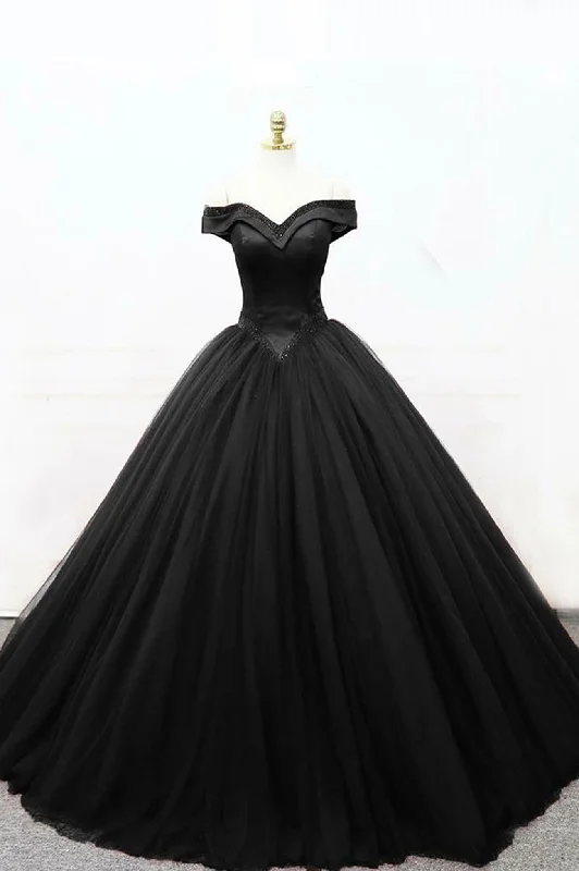 Black Tulle Beaded Long Ball Gown, A-Line Off the Shoulder Evening Formal Gown Elegant Long Skirt