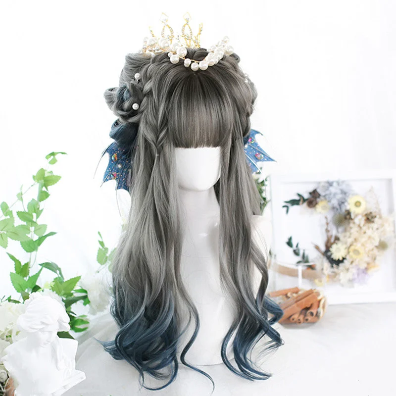 Cyan gray gradient blue long curly hair wig YV43697 Front Slit Skirt