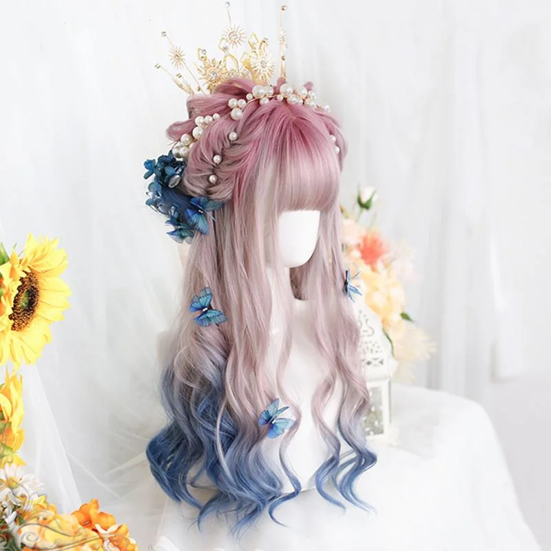 Lolita purple gradient blue long curly wig yv43604 Skirt with Slits