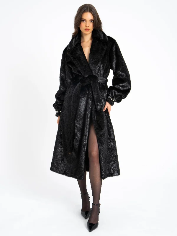 Yahia Black Vegan Long Faux Mink Coat Elegant Maxi Skirt