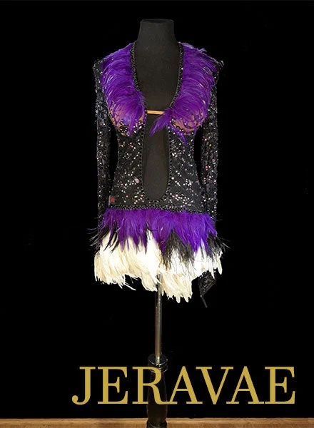 Black Lace and Purple Feather Latin Dress Resale Fiore Designs Size S Lat096 Lace Dress Flare