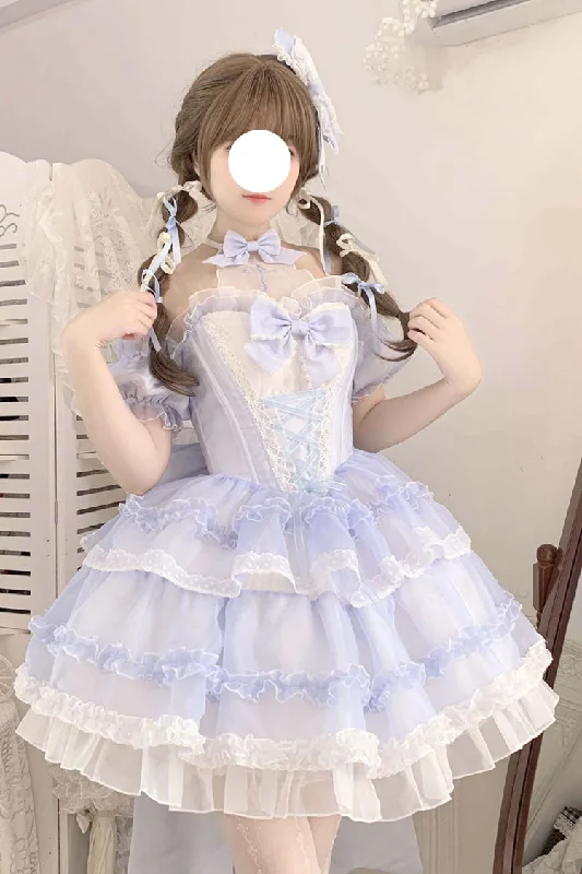 Blue Multi-layer Ruffle Hanayome Bowknot Lace Halter Neck Sweet Princess Lolita Dress Lace Gown Glam