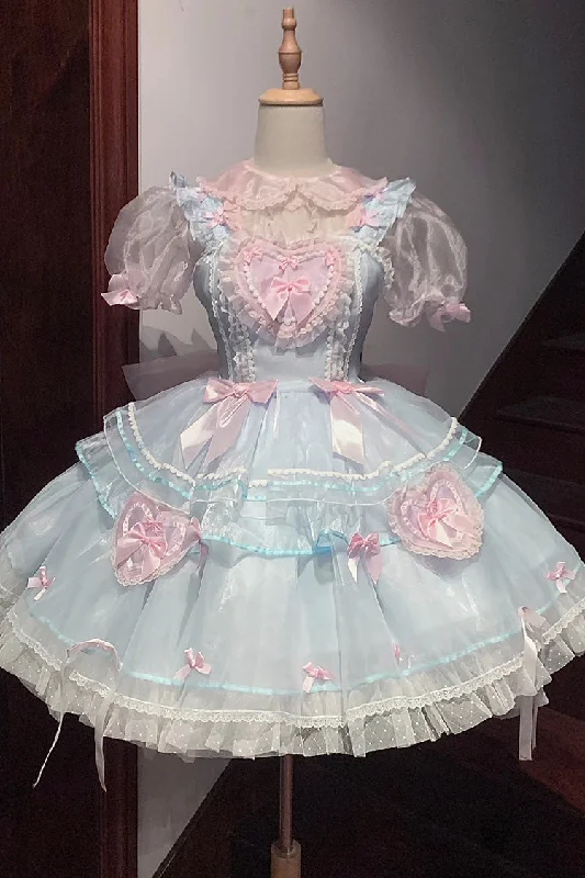 Blue/Pink Multi-layer Love Ruffle Bowknot Lace Sweet Lolita Jsk Dress Flowy Lace Dress