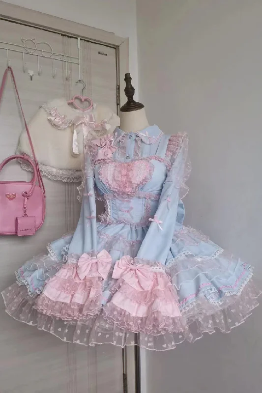 Blue/Pink Pray Multi-Layered Ruffle Lace Sweet Princess Lolita Jsk Dress Lace Detail Gown