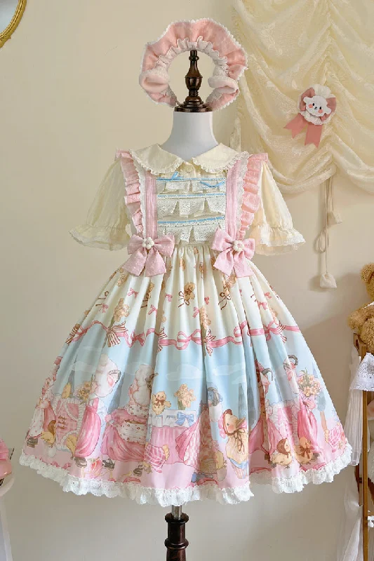 Blue/Pink Sheep Waltz Print Ruffle Bowknot Lace Sweet Lolita Jsk Dress Floral Lace Dress