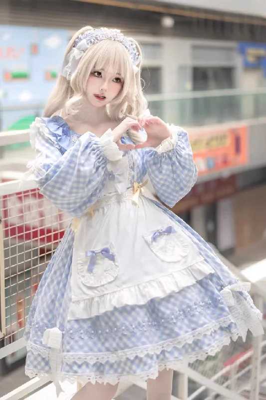 Blue Plaid Print Long Sleeves Bowknot Lace Sweet Lolita Dress Vintage Lace Dress