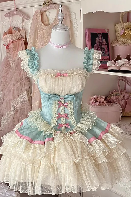 Blue/White [Girly Scent] Triple-Layered Ruffle Bowknot Lace Sweet Ballet Lolita Dress Layered Lace Dress