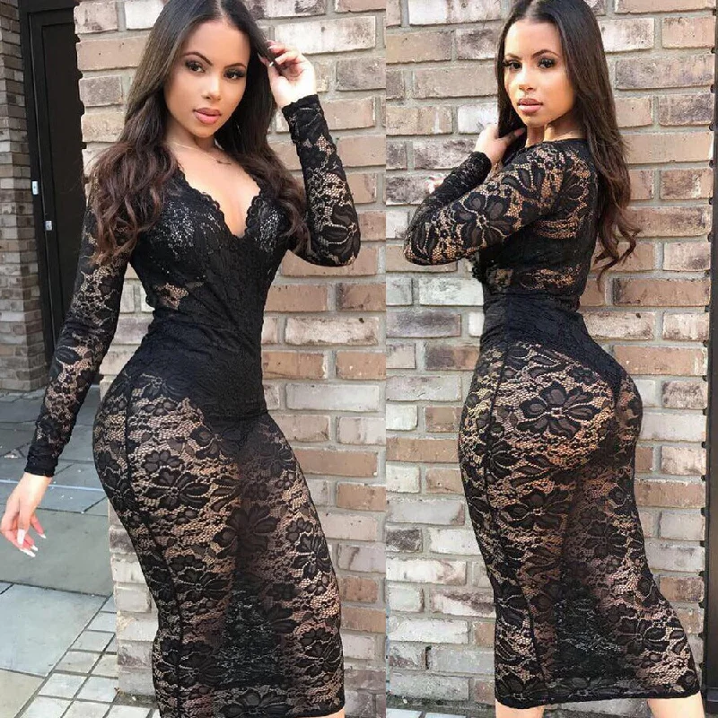 Women Lace V-neck Dress Elegant Lace Dress