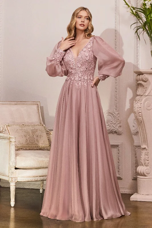 Enchanting Cinderella Divine Gown: Embroidered Lace and Alluring V-Neckline Long Sleeve Lace Dress