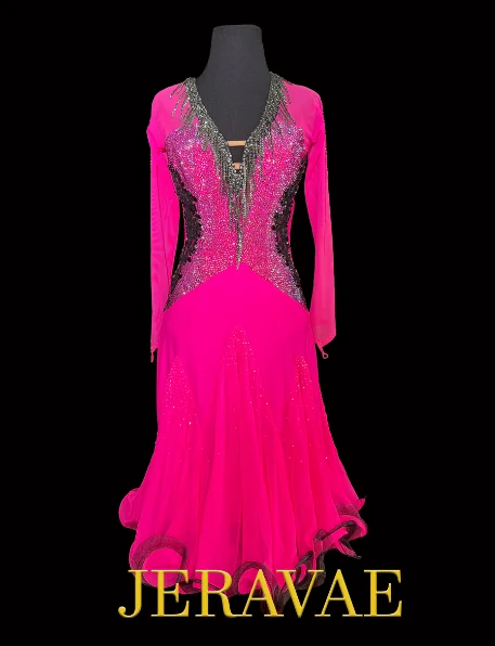 Hot Pink Long Sleeve Latin Dress with V-Neckline, Black Lace Appliqué, Swarovski Stones, Horsehair Hem, and Closed Back Sz S Lat192 Lace Skater Dress