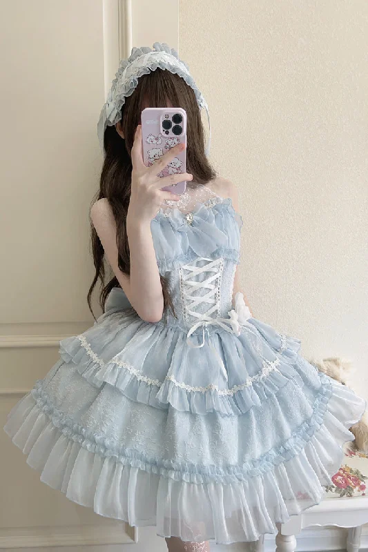 Light Blue Halterneck Triple-Layered Bowknot Lace Sweet Lolita Jsk Dress Lace Dress Flare