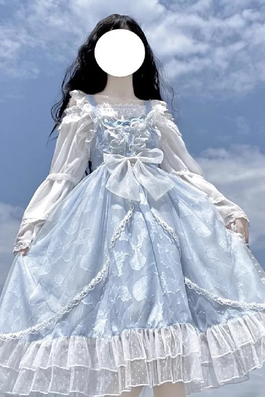 Light Blue Shell Jacquard Ruffle Bowknot Lace Sweet Lolita Jsk Dress Lace Dress Style