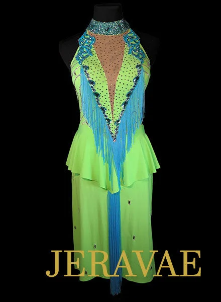 Lime Green and Blue Rhythm Dress with Fringe and Lace accents with Swarovski Stones Size Small LAT080 Lace Bridesmaid Dress