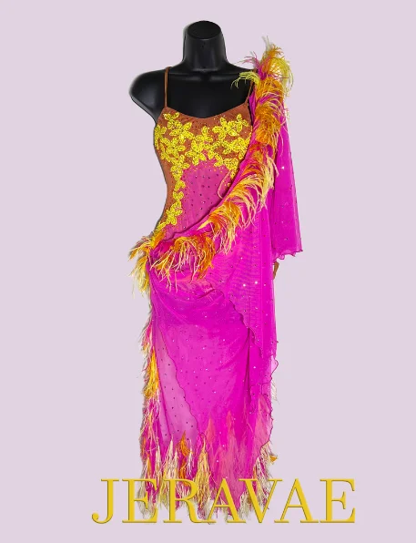 Pink Mesh Wrap Latin Dress with Yellow and Orange Feathers, Single Mesh Sleeve, Lace Applique, Stones, and Open Back Sz S Lat211 Floral Lace Dress