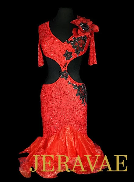 Red Latin Dress with Flower and Black Lace Covered in Swarovski Crystals LAT048 sz Medium Lace Maxi Dress