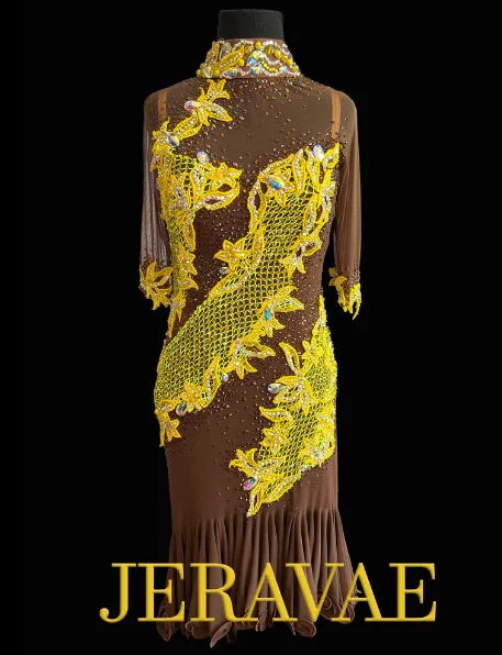 Resale Artistry in Motion Brown Latin Dress with Yellow Lace Appliqué, High Collar, and Half Sleeves Sz L Lat228 Lace Dress Deep V