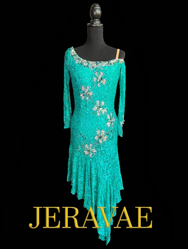 Resale Artistry in Motion Jade Lace Latin Dress with Asymmetrical Neckline and Long Sleeves Sz M Lat401 Lace Dress Lace