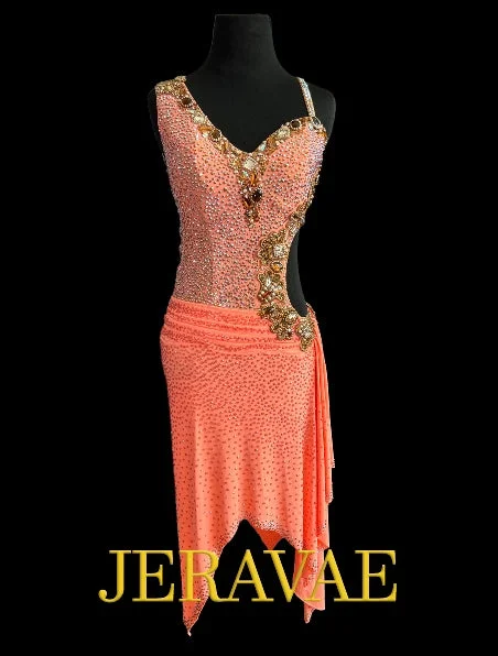 Resale Artistry in Motion Light Coral Latin Dress with Brown Lace Appliqué, Ruching at Hips, and Side Cut Out Sz S Lat225 Elegant Lace Dress