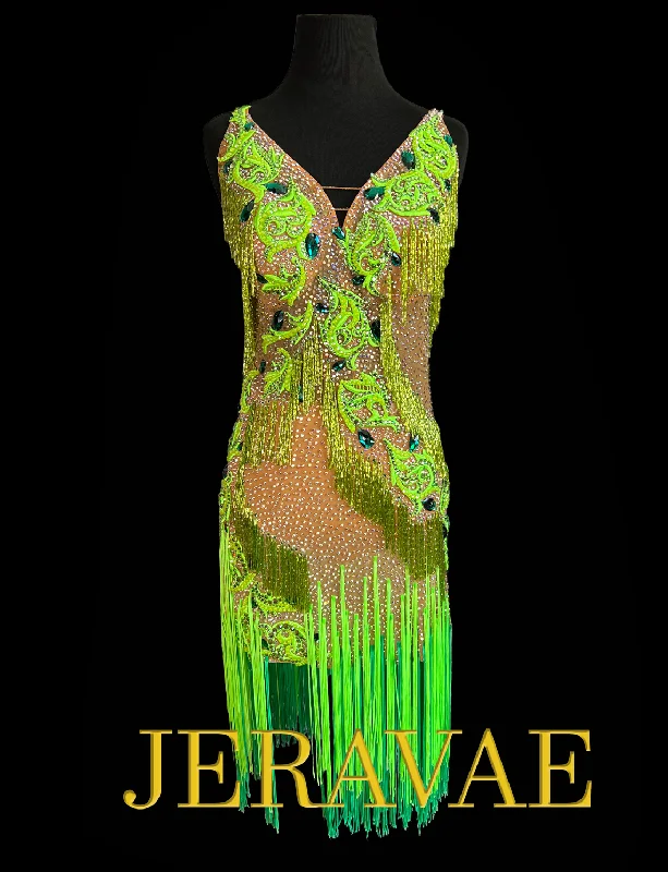 Resale Artistry in Motion Sleeveless Nude Mesh Latin Dress with Lime Green Lace Appliqué, Bugle Beads, and Fringe Sz S Lat234 Satin Lace Dress