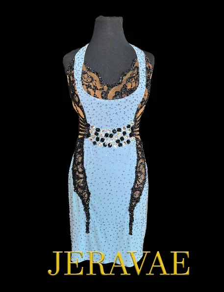 Resale Fiore Sleeveless Light Blue Latin Dress with Black Lace, Nude Mesh, and a Front Waist Detail of Black and Crystal AB Stones Sz S Lat180 Chic Lace Dress