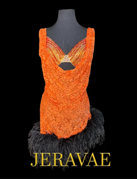 Sleeveless Orange Lace Latin Dress with Black Feather Hem, Deep Cowl Neckline, Stone Covered Bra, and Open Back Sz XS Lat182 Vintage Lace Dress