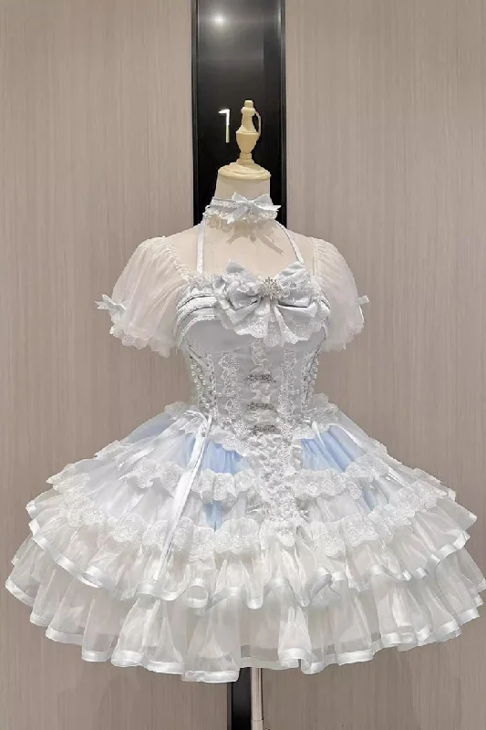 White/Blue [Ice Dance] Halterneck Multi-Layered Bowknot Lace Sweet Ballet Lolita Dress Lace Dress Glamour