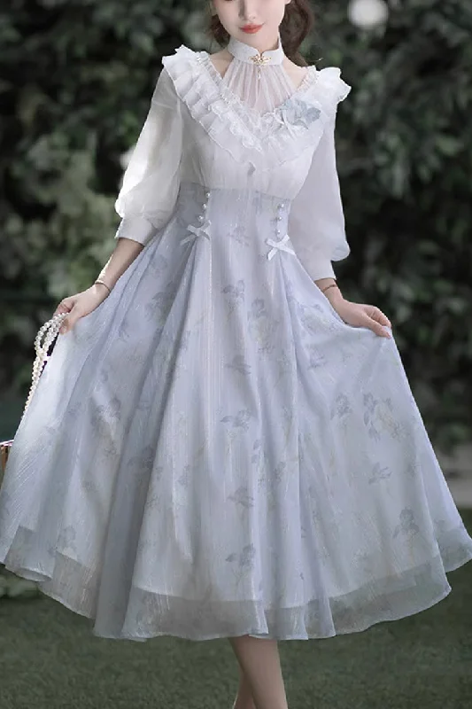 White/Blue Lace V Collar Half Sleeves High Waisted Sweet Lolita OP Dress Modern Lace Dress