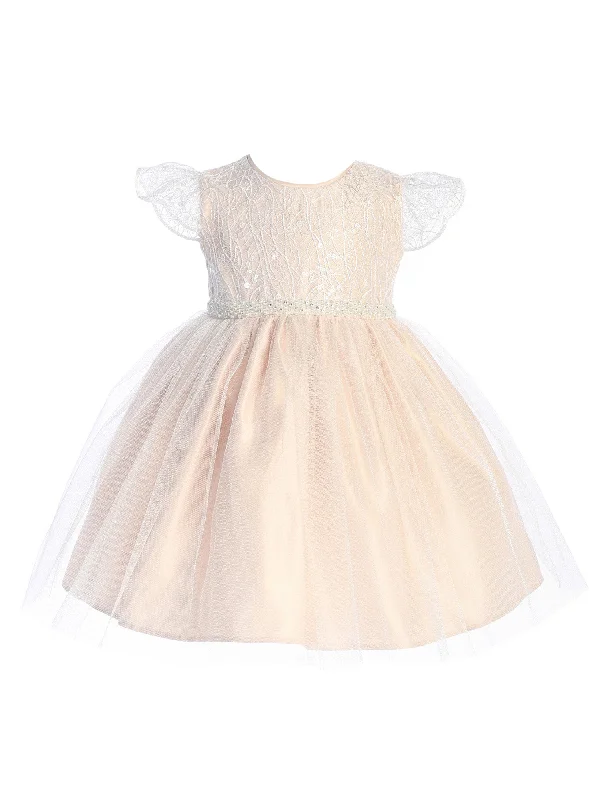 Baby Girls Blush Cord Sequin Embroidered Lace Flower Girl Dress 6-24 Months Sequin A-line Dress