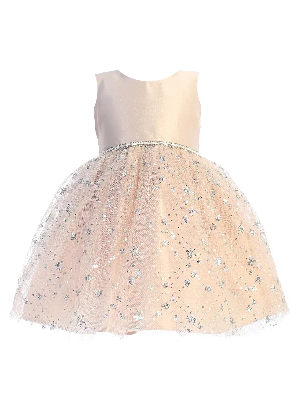 Baby Girls Blush Satin Diamond Sequin Tulle Flower Girl Dress 6-24 Months Sequin Shift Gown