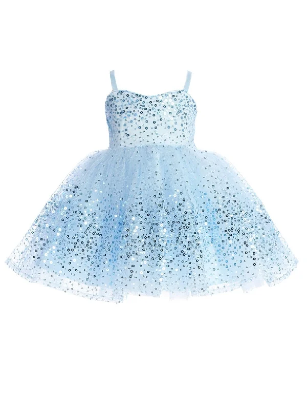 Baby Girls Sky Blue Spaghetti Strap Sequin Tulle Flower Girl Dress 6-24M Sparkly Sequin Dress