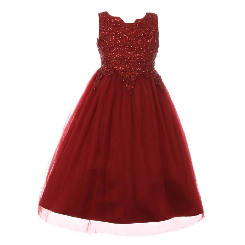 Big Girls Burgundy Pearl Sequin Tulle Satin Junior Bridesmaid Dress 8-16 Plus Size Sequin