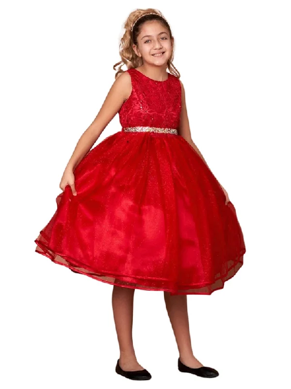 Big Girls Red Lace Sequin Belt Glitter Tulle Junior Bridesmaid Dress 8-16 Metallic Sequin Dress