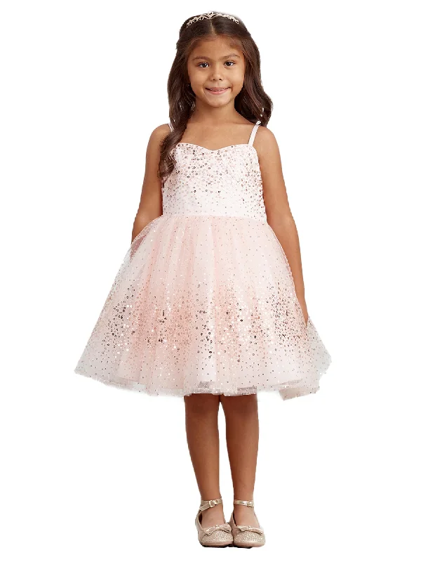 Big Girls Rose Gold Spaghetti Strap Sequin Tulle Junior Bridesmaid Dress 8-12 Modern Sequin Gown