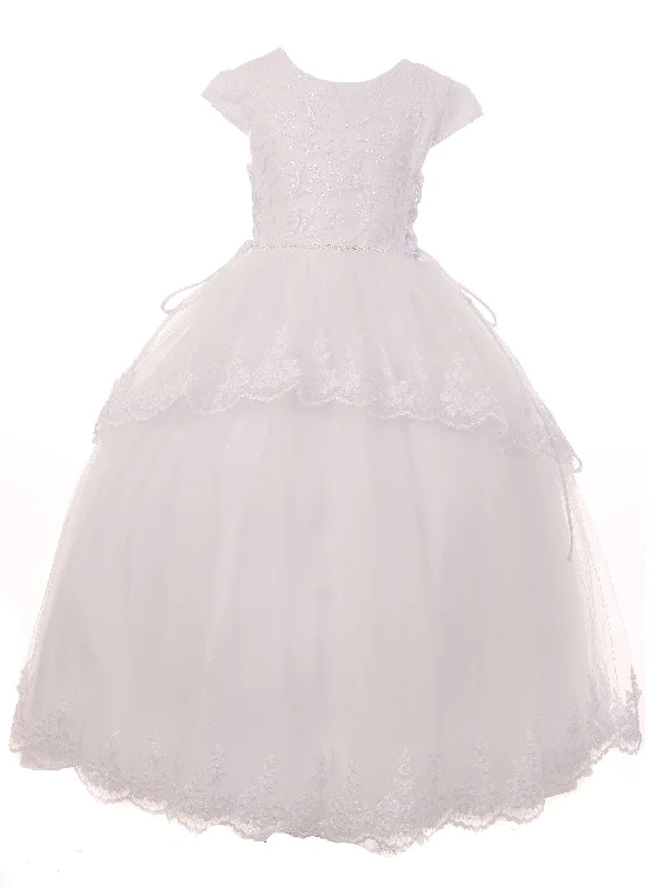 Big Girls White Sequin Beaded Cap Sleeves Satin Tulle Communion Dress 7-20 Flirty Sequin Dress