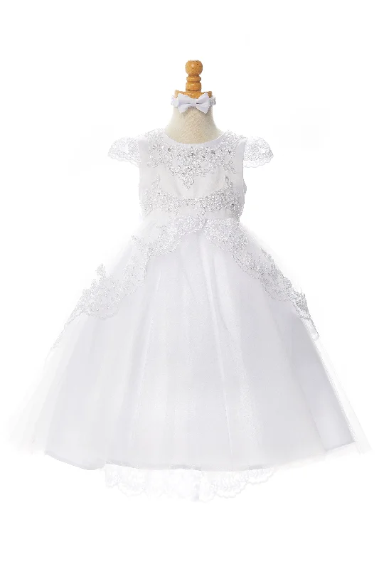 Big Girls White Sequin Beaded Lace Cap Sleeves Satin Communion Dress 7-16 Shimmer Sequin Dress