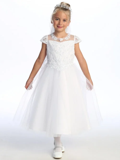 Girls Illusion Neckline Pearl Sequin Corded Embroidered Tulle Communion Dress 6-12 Pink Sequin Gown