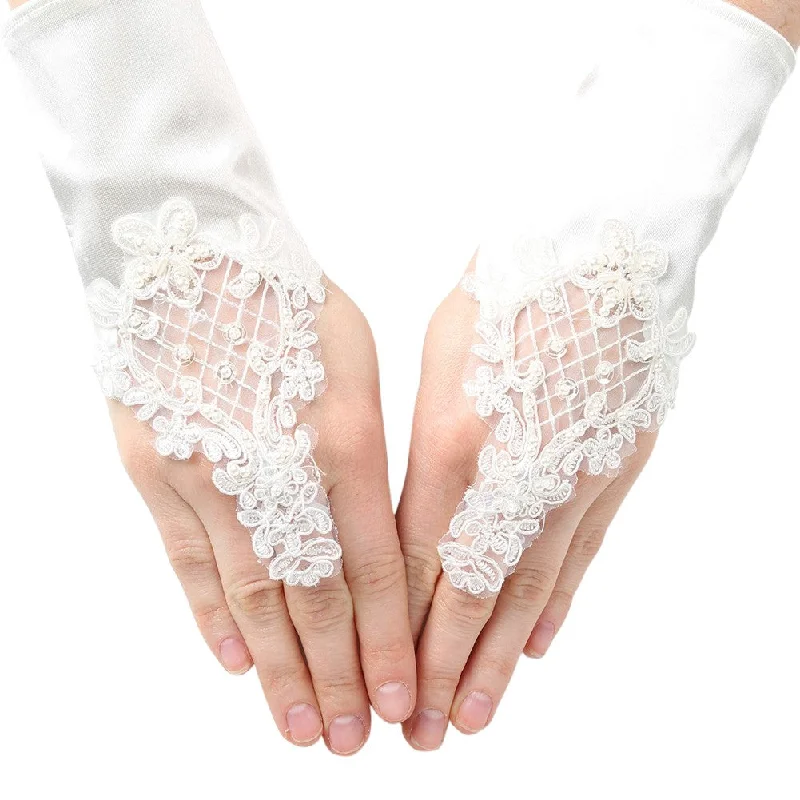 Girls Ivory Pearl Sequin Coiled Lace Satin Communion Flower Girl Gloves Shiny Sequin Dress