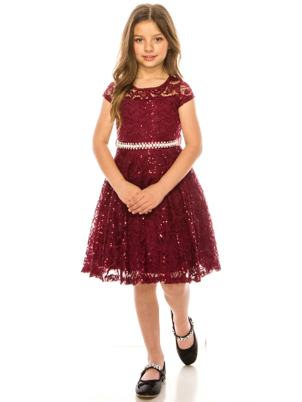 Girls Multi Color Sequin Lace Pearl Belt Skater Flower Girl Christmas Dress 2-14 Sequin Dress Glam