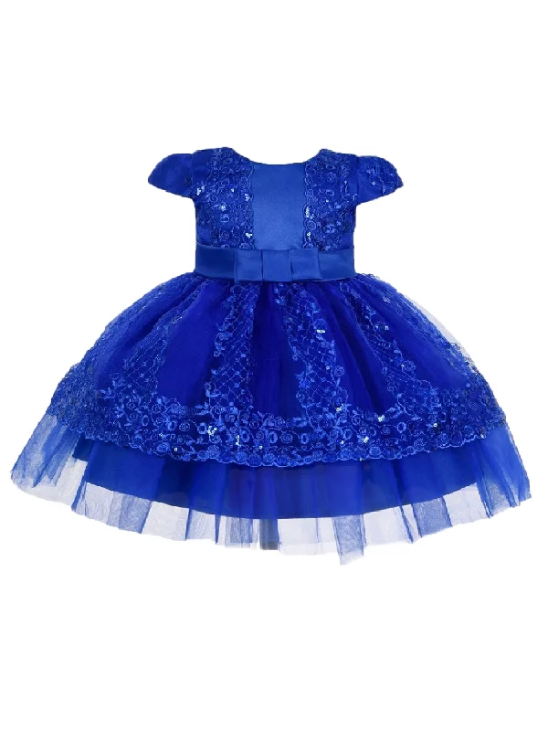 Girls Royal Blue Sequin Embroidery Cape Sleeve Flower Girl Dress 6-24 Months Off-shoulder Sequin