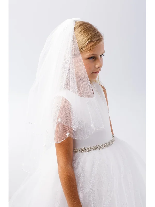 Girls White Beaded Scallop Edge Sequin Flowers Communion Flower Girl Veil Silver Glitter Sequin