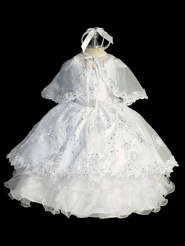 Girls White Off Shoulder 2 Pcs Baptism Gown with Sequin and Mary Embroidery, Sizes 0-6 Satin Sequin Dress