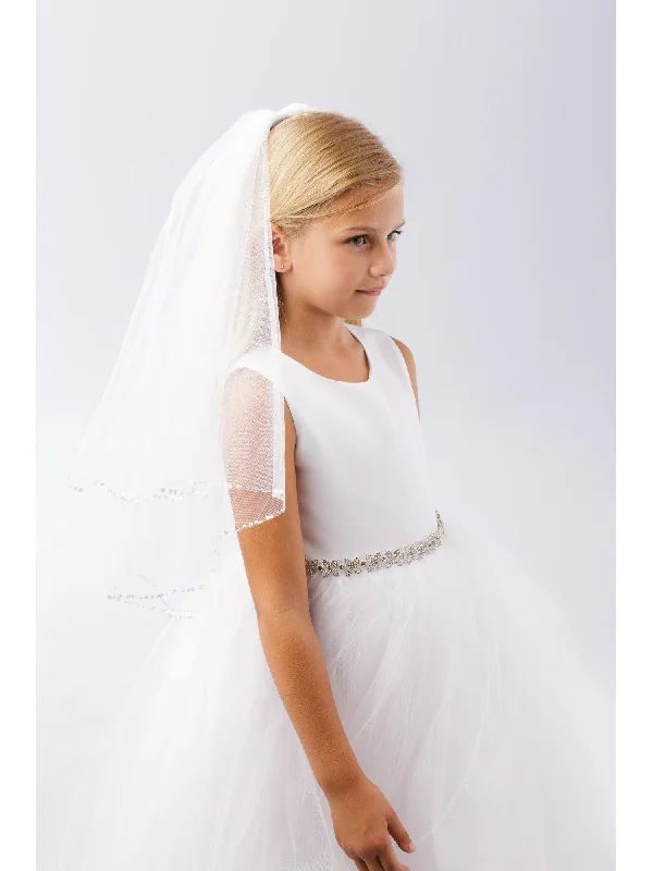 Girls White Sparkle Round Sequin Edge Stylish Communion Flower Girl Veil Sequin Dress Casual