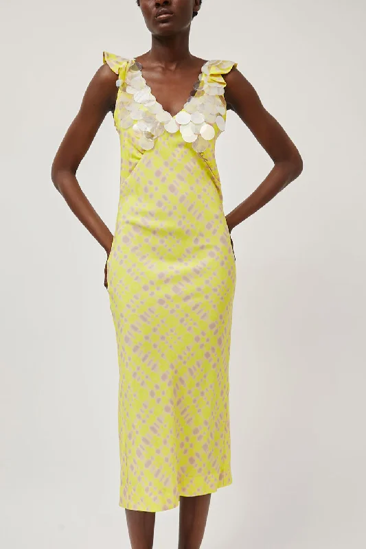 INSHADE V Neck Sequin Dress in Light Yellow Plaid High Neck Sequin