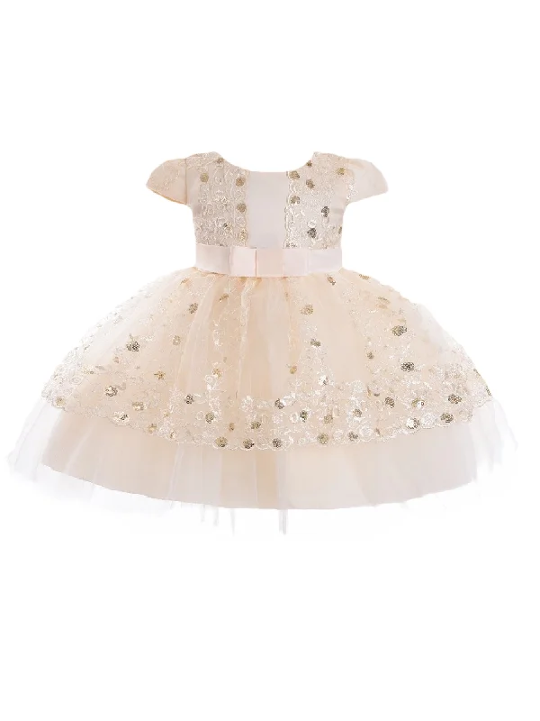 Little Girls Champagne Sequin Embroidery Cape Sleeve Flower Girl Dress 2T-4T High Waist Sequin