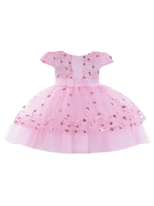 Little Girls Pink Sequin Embroidery Cape Sleeve Flower Girl Dress 2T-4T Sequin Dress Vibe