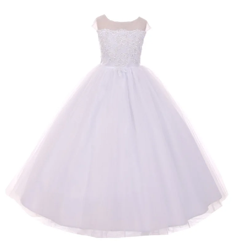 Big Girls White Sheer Organza Satin Sequin Pearl Communion Dress 7-18 Sequin Party Dress