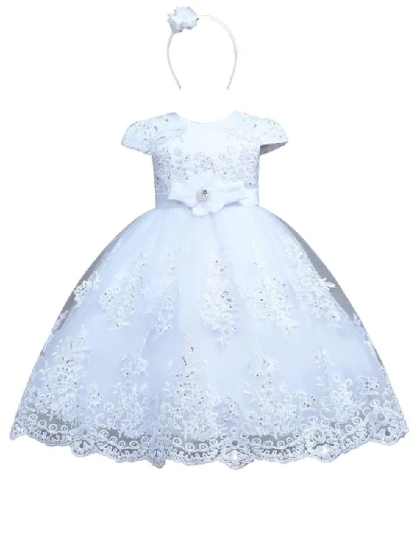 Girls Sequin Beaded Lace Cap Sleeves Dress with Matching Headband Sizes 6M-6T Beautiful Sequin Dress