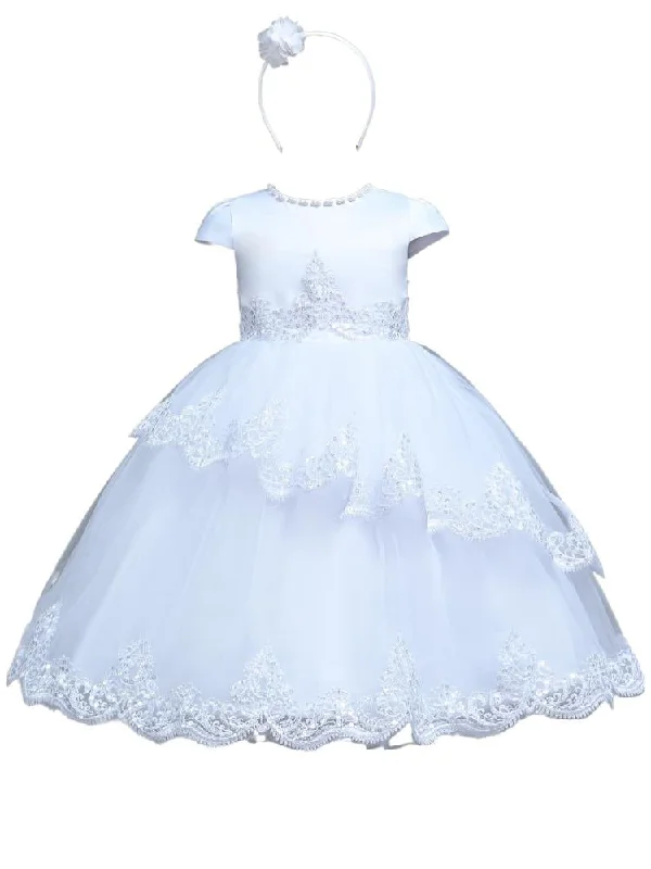 Girls Sequin Beaded Lace Christening Dress with Pearl Accents and Matching Headband Sizes 6M-6T Silver Sequin Dress