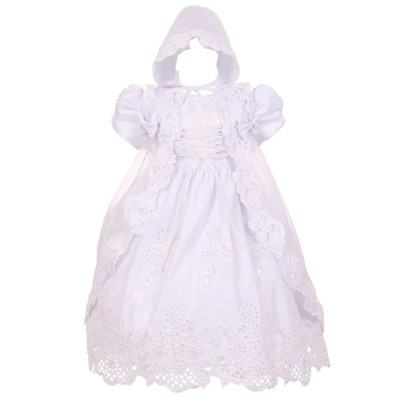 White Puff Sleeve Sequin Pearl Baptism Dress Girls 6M-4T Sexy Sequin Gown