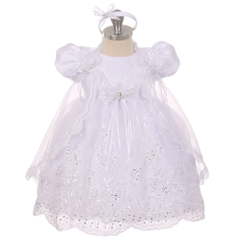 Rainkids Baby Girls White Sequins Embroidered Lace Cape Baptism Dress 0-24M Silver Sequin Dress